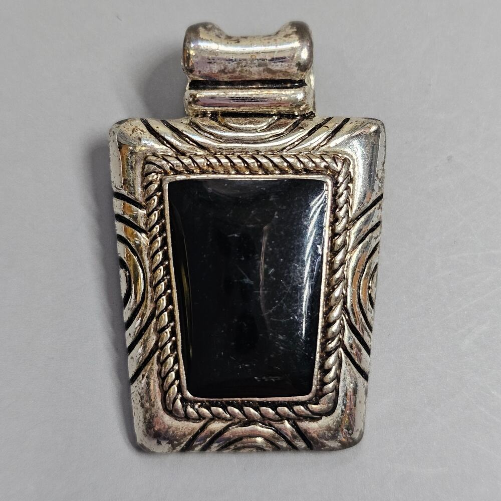Premier Designs Black Faux Onyx Cabochon Slide Pendant Antique Silvertone 1 3/4"